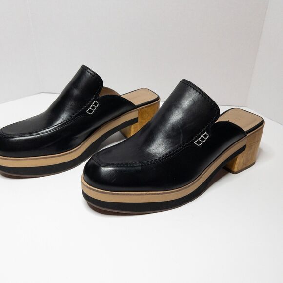 Bernardo Black Leather Block Heel Mules Slides Women’s 10M Square Toe Clogs - Picture 16 of 16